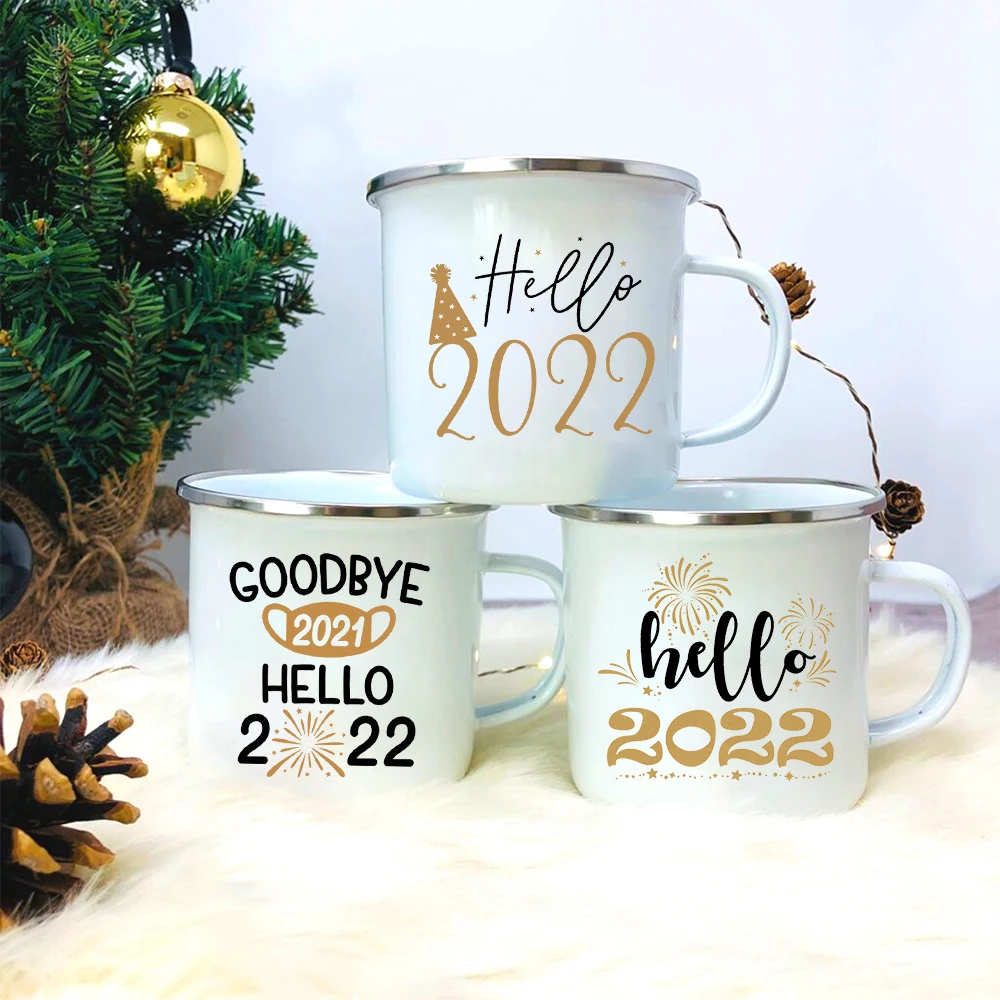 

Hello 2022 New Year Party Enamel Coffee Mugs Home Wine Beer Drink Juice Cups Camping Bonfire Water Mug Christmas Creative Gifts