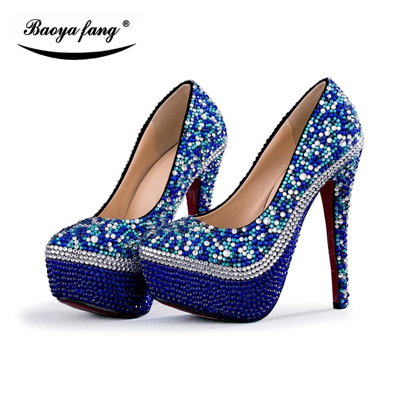 

Royal blue Crystal Women Party Dress Shoes and Bag Set Bridal Rhinestone Wedding Shoes Super High Heels Mix blue Pumps Handbag