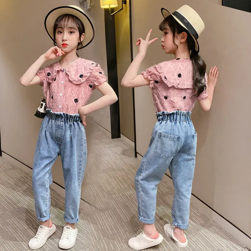 Teen Girls Clothing Solid Shirt &amp Pants Suits For Denim High Waist Clothes Set Spring Autumn Fashion Sets | Мать и ребенок