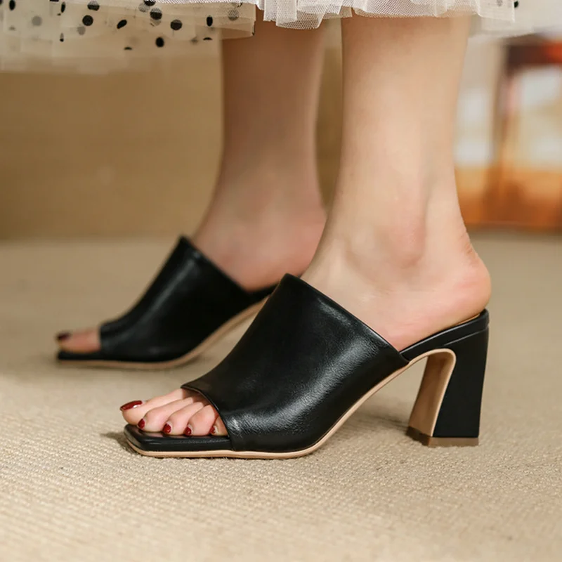 

Black Green Beige Orange Microfiber Summer Women Slipper Fashion Square High Heel Open Toe Women's Shoes Outside Women Slippers