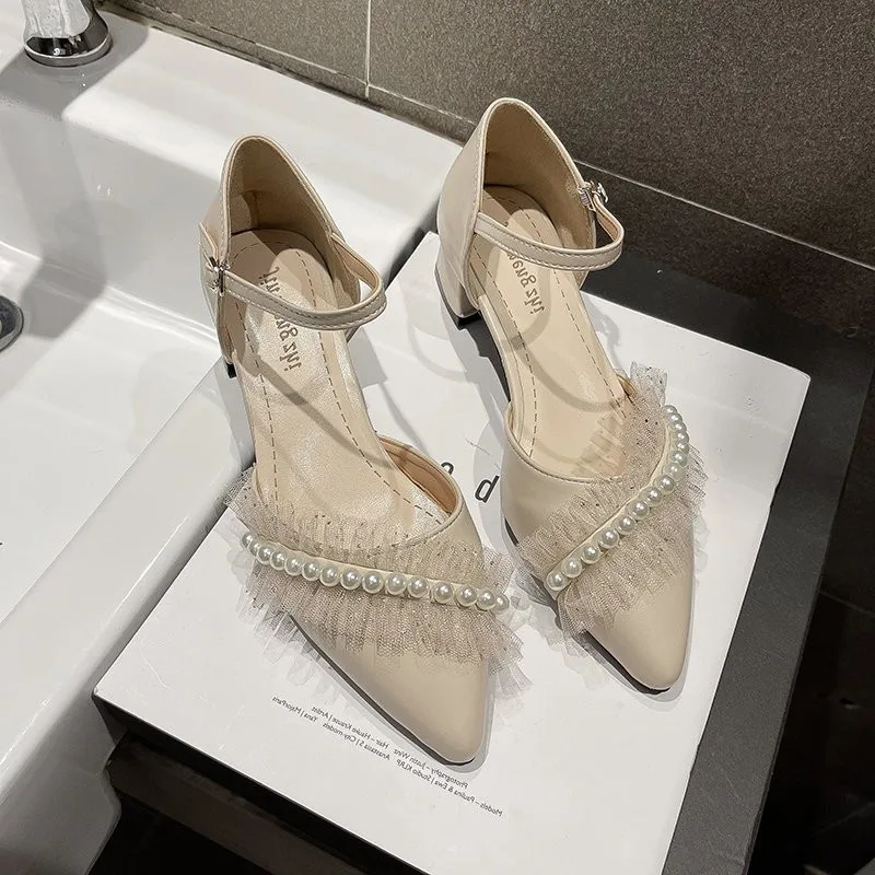 

High Heel Sandal for Women Shoes Lady 2021 Med Suit Female Beige Buckle Strap High-heeled New Retro Girls Stiletto Comfort Mediu