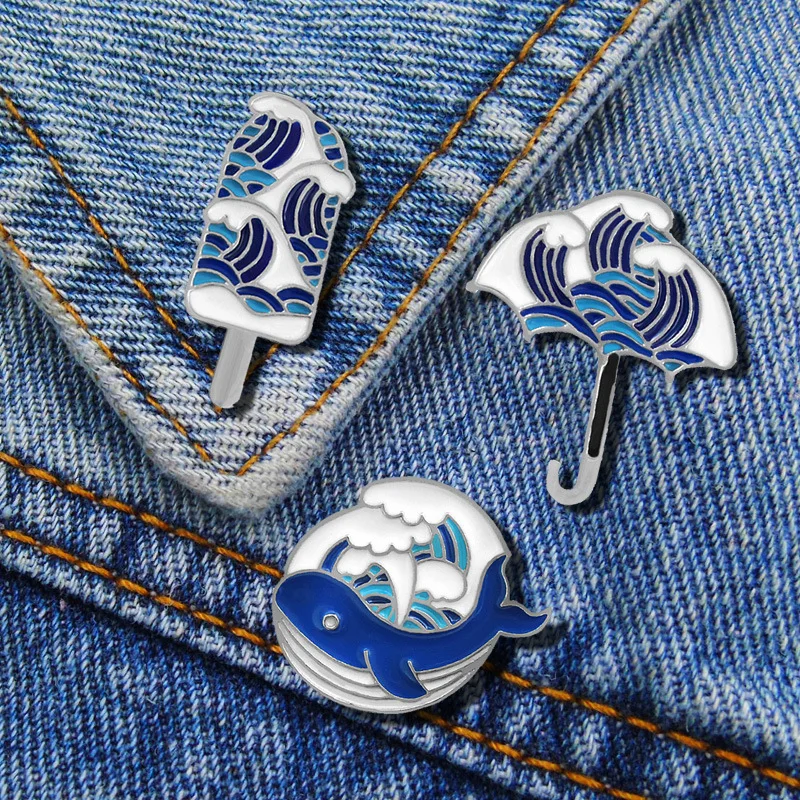 

Waves Heart Series Lapel Denim Enamel Pins Ocean Whale Cat Hand Combined Fashion Brooches Badges Jewelry Gifts for Friends