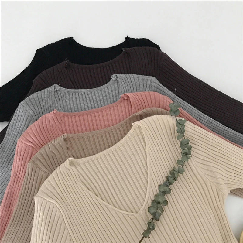 Базовый однотонный осенне-зимний свитер с V-образным вырезом 2020 пуловер Женский