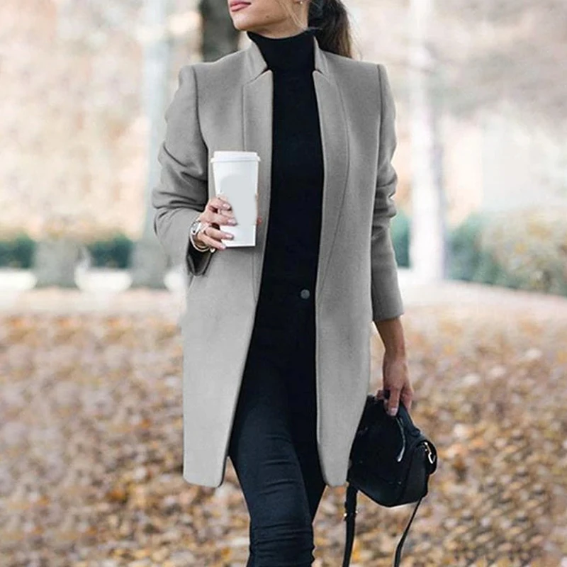 

New Style Autumn Winter Coat Solid Color Suit Stand Collar Women Coats Elegant Fashion Simple All-Mature Ladies Cardigan