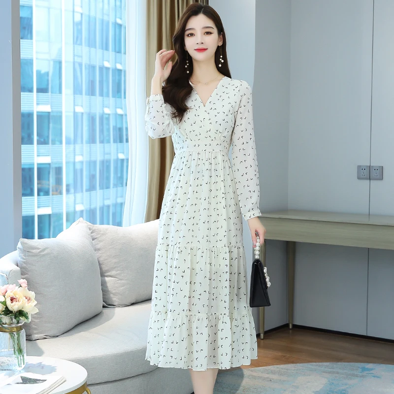 

White Long Chiffon Women Dress Autumn Spring Runway 2020 Korean Long Sleeve Dress Ruffle Vintage Elegant Casual Party Dress New