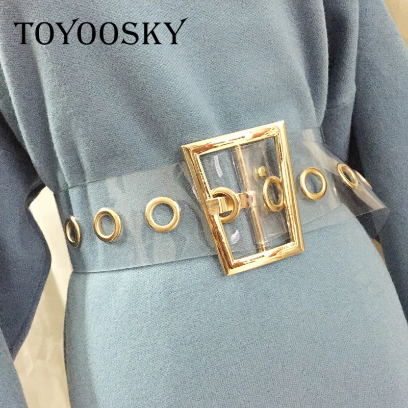 

Fashion Women Transparent Wide Waist Belt Female Designer Trapezoid Gold Metal Buckle Dress Laser Clear PVC Belt
