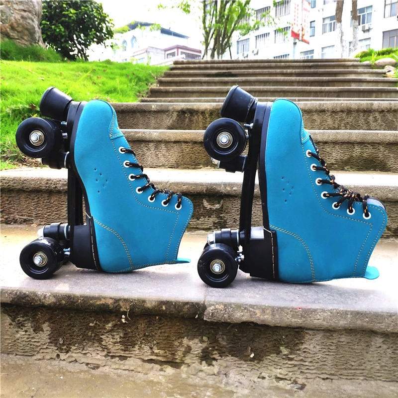 

2021 Women Men Blue Microfiber Roller Skates Skating Shoes Sliding Quad Sneakers Begin Europe Size 2 Row Adult 4 Wheels