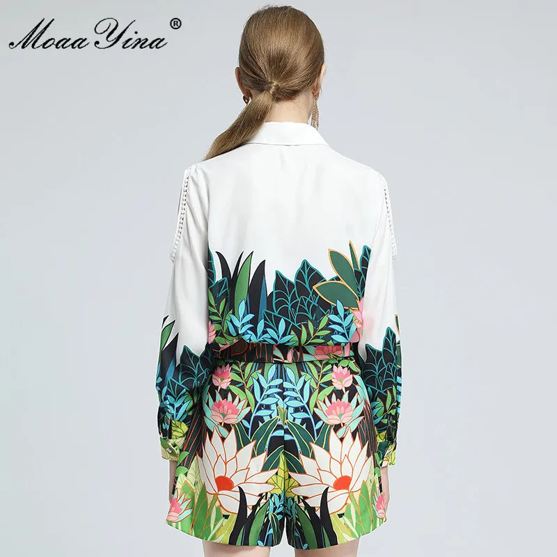 

MoaaYina Fashion Designer Set Spring Women Turn-down Collar Long sleeve Jungle Print Blouses Tops+Belt Shorts Two-piece suit