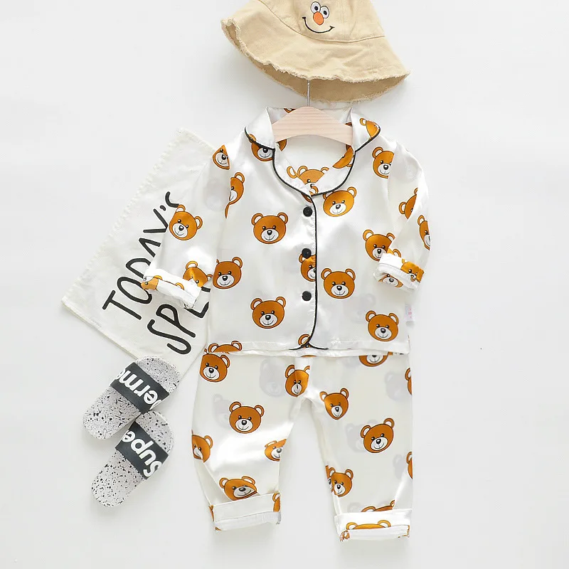 Fashion boutique little bear kids summer fall pajamas ice silk baby girl boys set