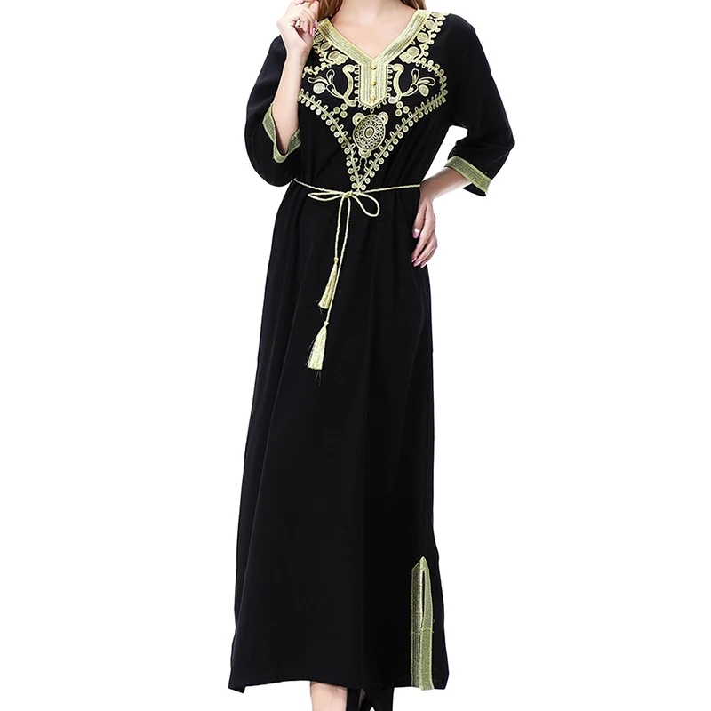 

Женское длинное платье в мусульманском стиле, свободное удобное платье с V-образным вырезом, разрезом, цветочным принтом, длинным рукавом и ...