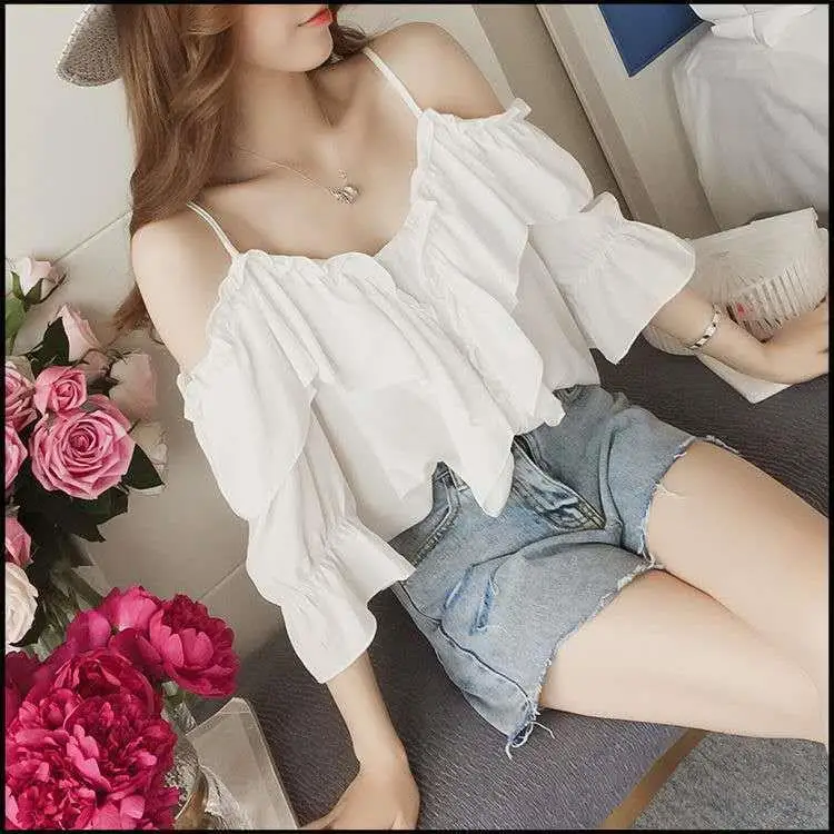 Elegant White Blouse Women Summer Thin Strap Vintage Ruffle Sexy Off shoulder Top Chiffon Blouses Shirt 2021 Korean Fashion plus size blouses