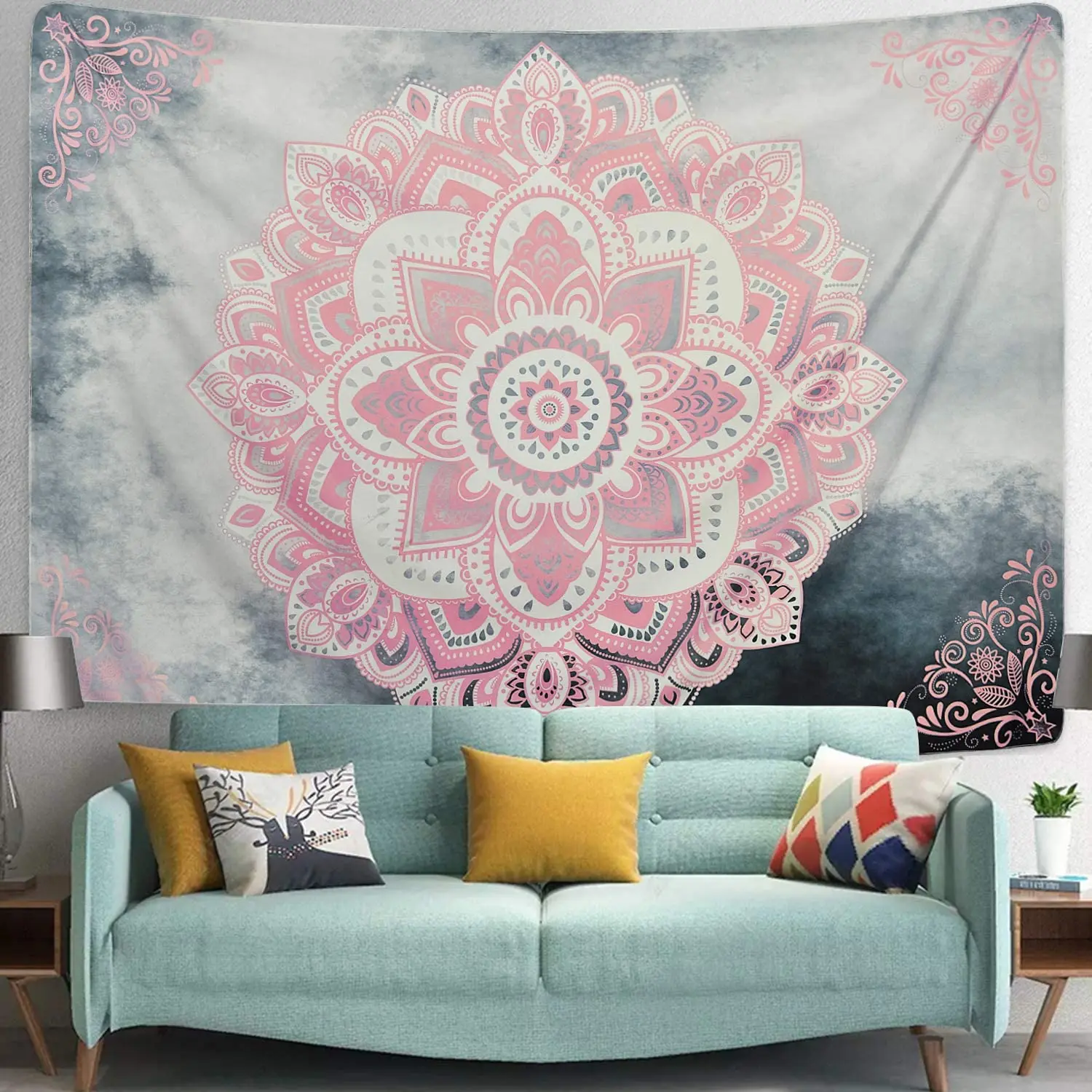 

Lucky Pink Mandala Bohemian Tapestries Hippie Floral Medallion For Bedroom Tapestry