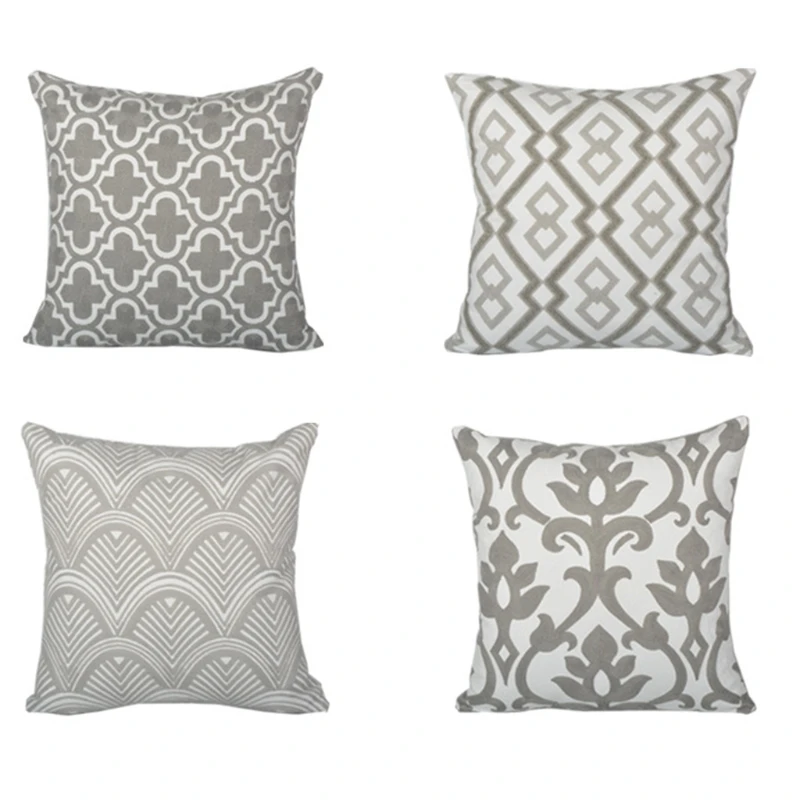 

Modern Minimalist Gray White Throw Pillow Case Geometric Floral Embroidered Farmhouse Decorative Square Cushion Cover for Couch