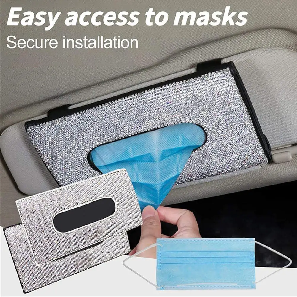 Car Sun Visor Tissue Box Holder Bling Crystals Cover Case Clip PU Backseat Mask Paper Accessories | Дом и сад
