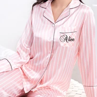 2 piece personalized name women sleepwear faux silk satin pajamas set long sleeve sleepwear pajamas suit female homewear