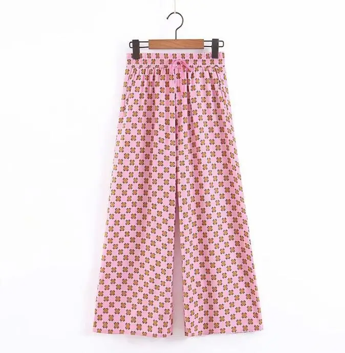 Pink Pants Мода Новое поступление синий с принтом кимоно куртка широкие брюки свободные повседневные брюки женские винтажные костюмы - Цвет: Pink Pants