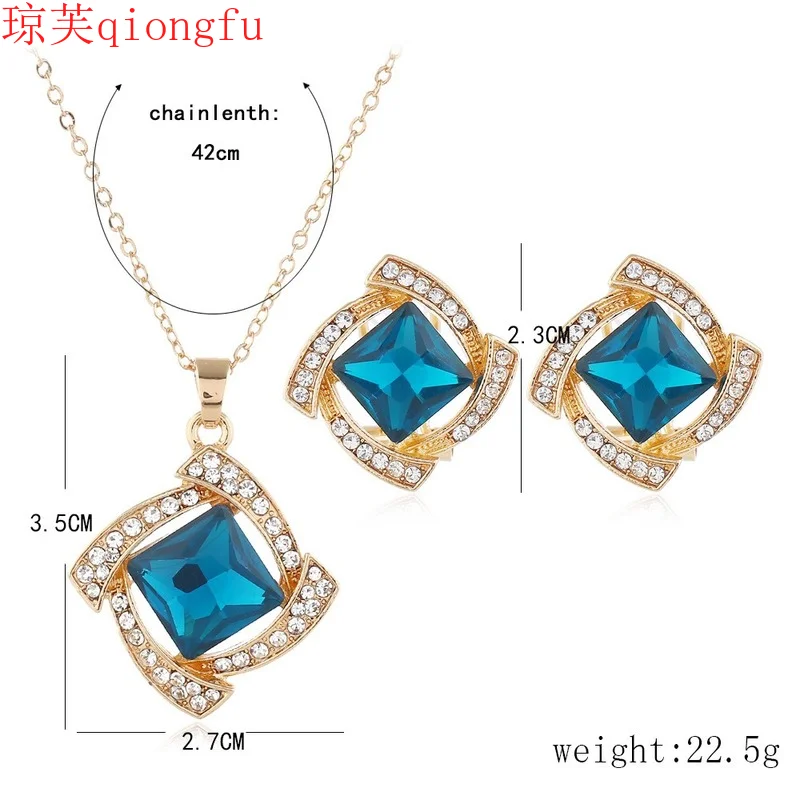 

Fashion 2021 luxury brand bride ladies square crystal sapphire jewelry set exaggerated earring set Wedding costume jewelry