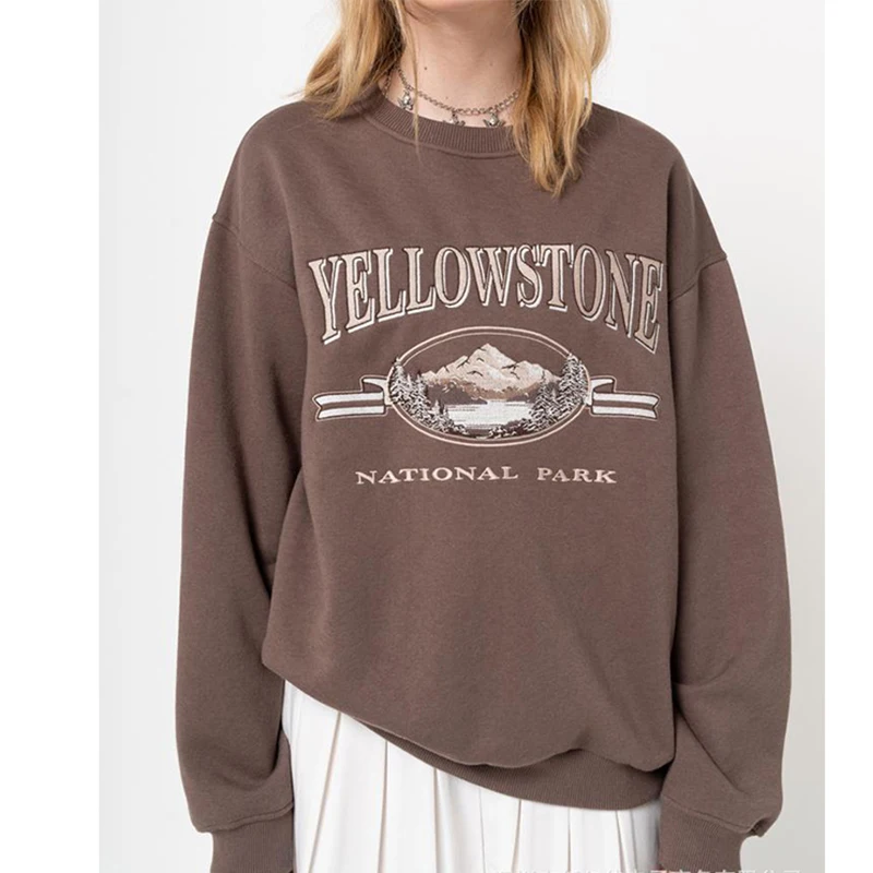 

Vintage American Yellowstone Print Brown Loose Oversized Sweatshirt Women Hoodies Long Sleeve Harajuku Autumn Pullovers Fashion