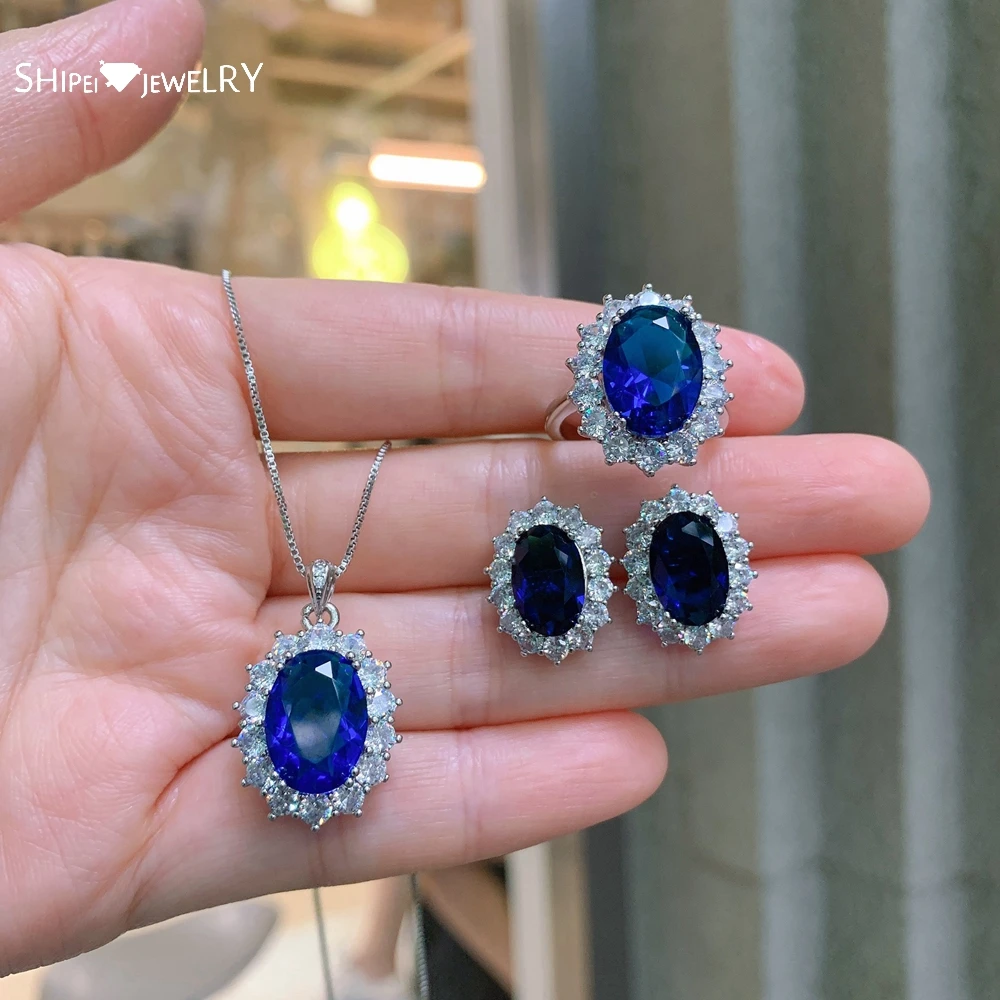 

Shipei Vintage 925 Sterling Silver Oval Cut Sapphire Created Moissanite Earrings/Pendant/Necklace/Ring Jewelry Set Wholesale