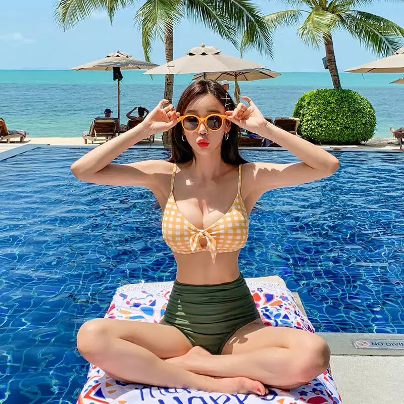

Women's Bikini Set Plaid High Waist Swimwear Swimsuit High Quality Beach Suit 2020 Koren Style Bathing Suit Women