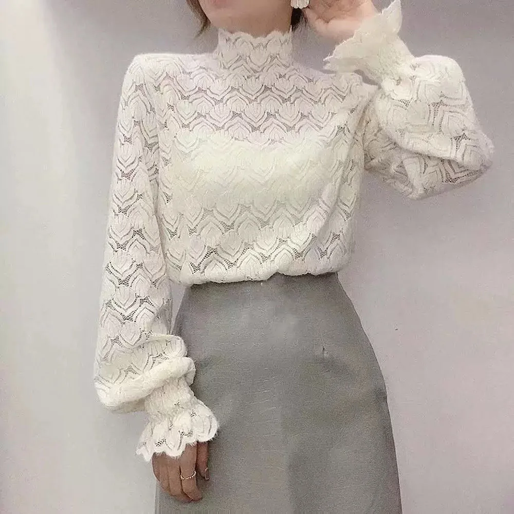 

Korean Version Japanese Blouse Fashion Thin Simple Winter Autumn Hot Sale Hollow Out Lace Thick Long Sleeve Turtleneck Top