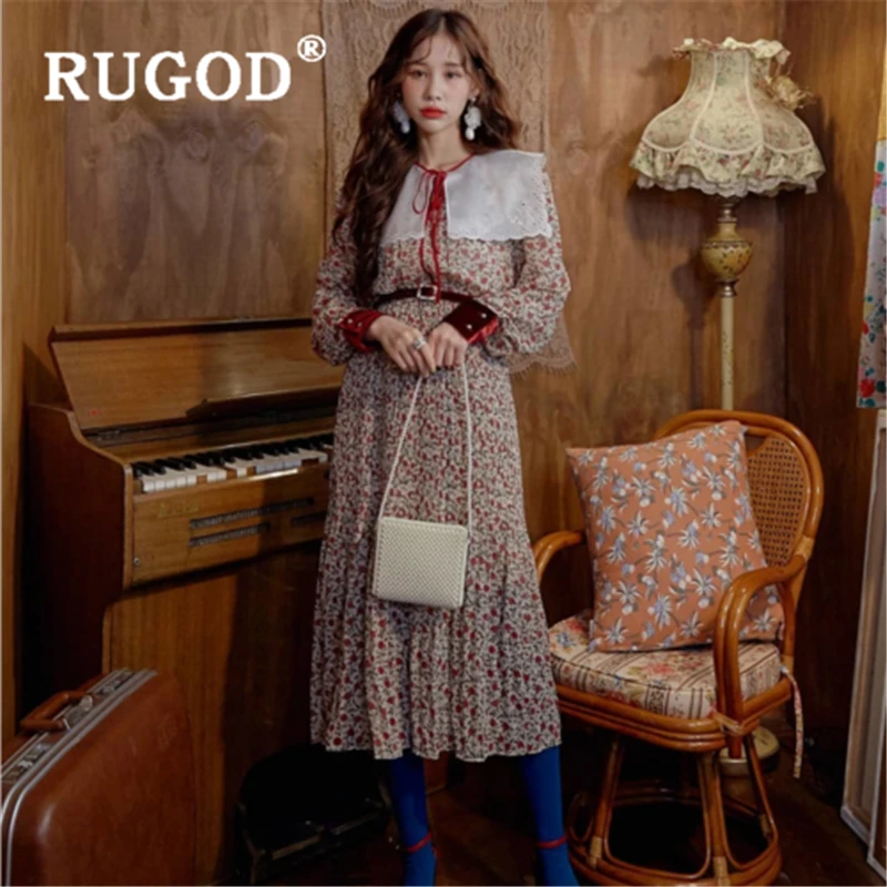 Женское платье с поясом RUGOD Элегантное Длинное корейское в стиле ретро круглым