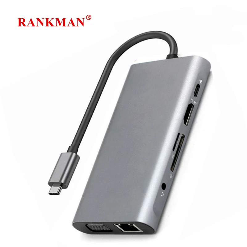 

Rankman Type-C to Gigabit RJ45 HDMI-compatible 4K VGA SD TF USB C 3.0 Dock Hub for MacBook HP X360 Samsung S21 Dex Xiaomi 11 TV