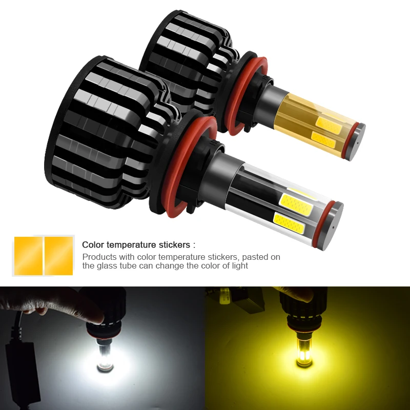 Двухцветная автомобильная светодиодная лампа H11, H11, 9012, 9006, 9005 градусов, 8000лм, 60 Вт, противотуманная фара 360 k, 3000k
