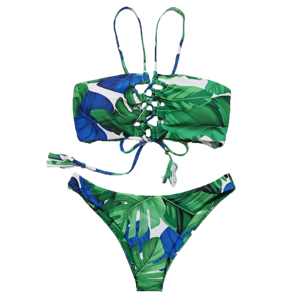 

Womens Adjustable Strap Padded Two Piece Tankinis Leaf Printed Bikini Set