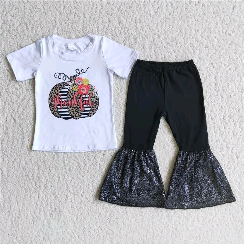 

Thanksgiving Day Kids Clothing Thankful Leopard Pumpkin Sequin Bell Bottom Black Cotton Pants Set for Baby Girls