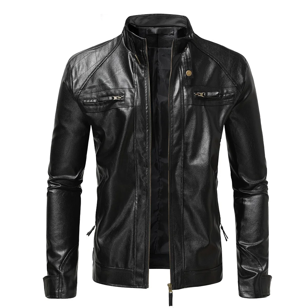 

Осень-зима 2021, модное мужское кожаное пальто, мотоциклетная кожаная куртка с воротником-стойкой