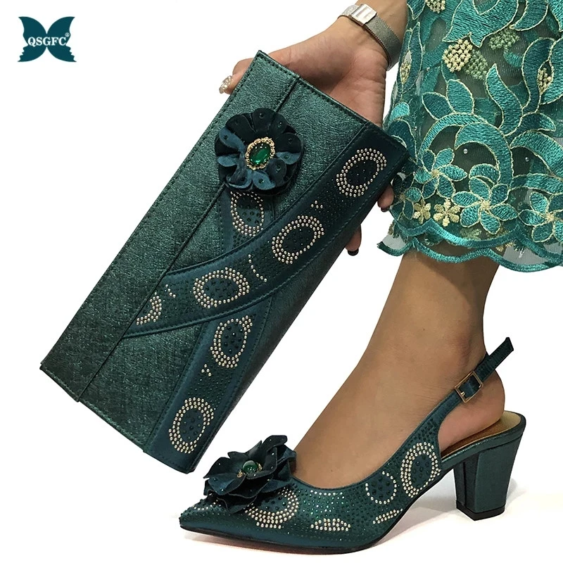 Новейший комплект из туфель и сумочки зеленого цвета в итальянском стиле для