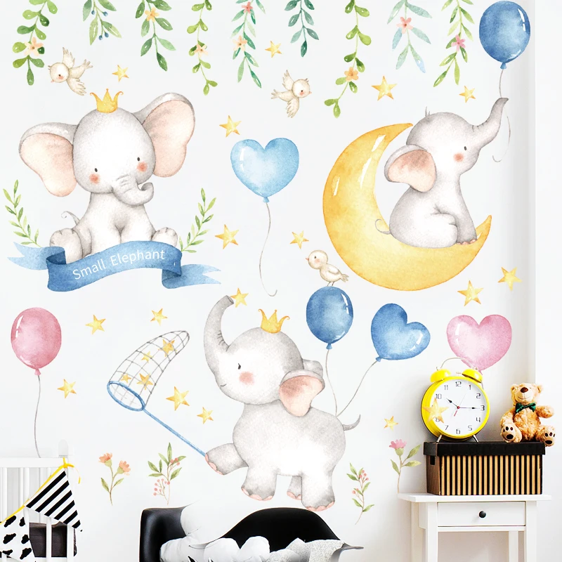 

Cartoon Elephant Balloon Wall Stickers Kids Room Bedroom Cartoon Animals Moon Wall Stickers Kindergarten Cute Decoration