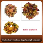 Осенний венок с тыквой Микки на Хэллоуин, Осенний ротанговый венок, передняя фотогирлянда, Искусственный Подсолнух, урожай, праздничное украшение