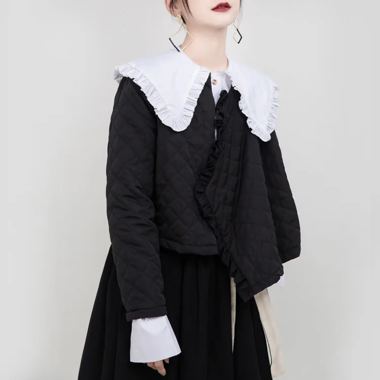 

winter jacket women 2020 new Solid Short Cotton Thick Full Crew neck Ruched coat ladylike dark style womens clothing