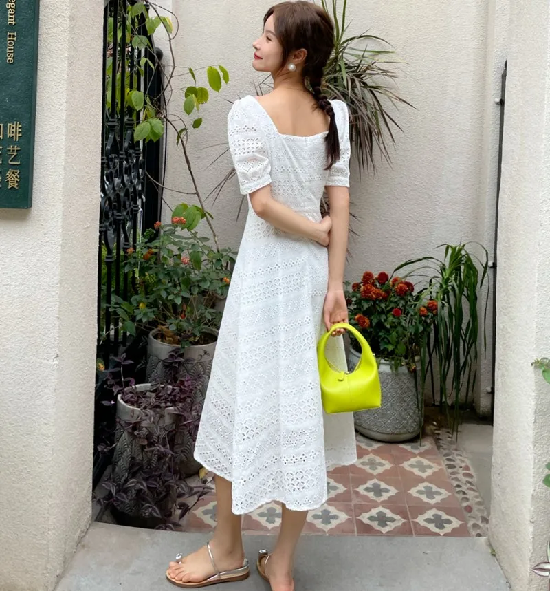 

2021 summer retro temperament Women Square Collar Vestido short Sleeved Vintage Casual Dress
