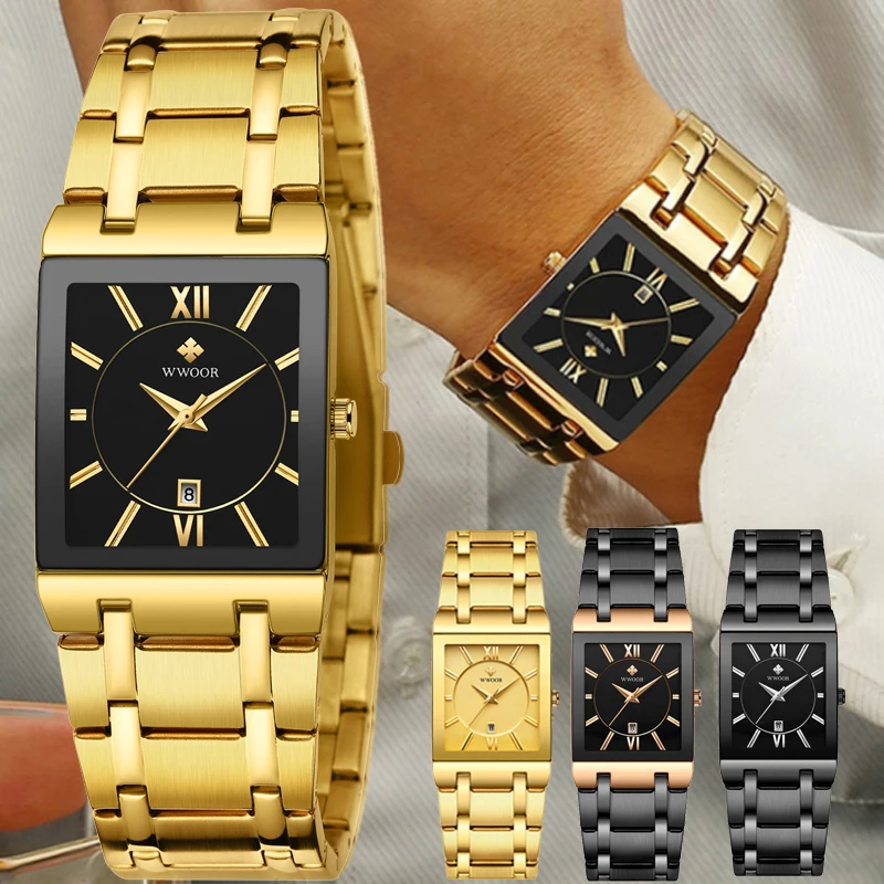 Mens Watches Top Brand Luxury WWOOR Gold Black Square Quartz Watch For Men 2021 Business Waterproof Golden Male Wrist Watch Men