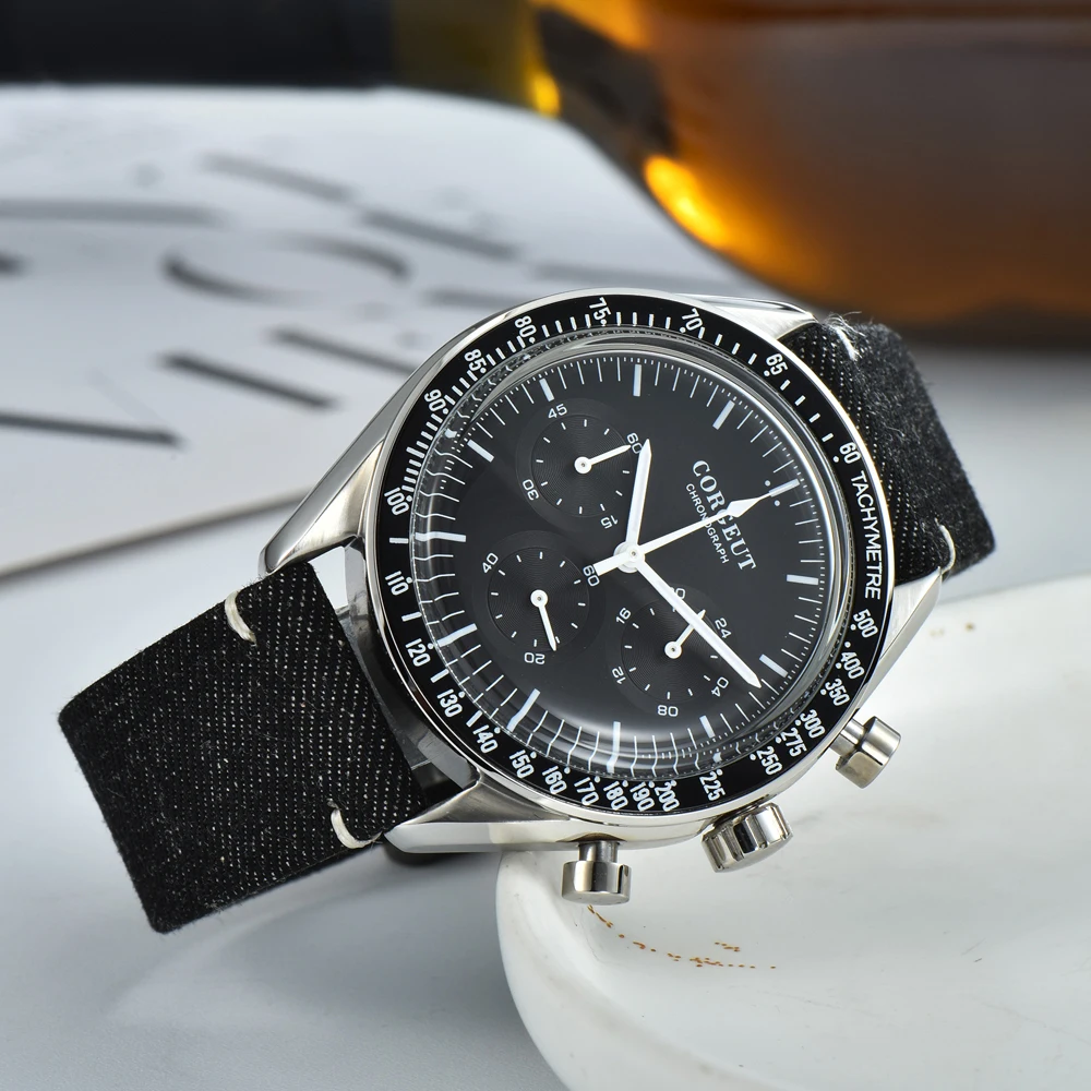40MM Corgeut Top Brand Luxury Mens  Sport 24 Hours Multifunction Chronograph Watch Leather Strap Black Quartz Steel Male Clocks