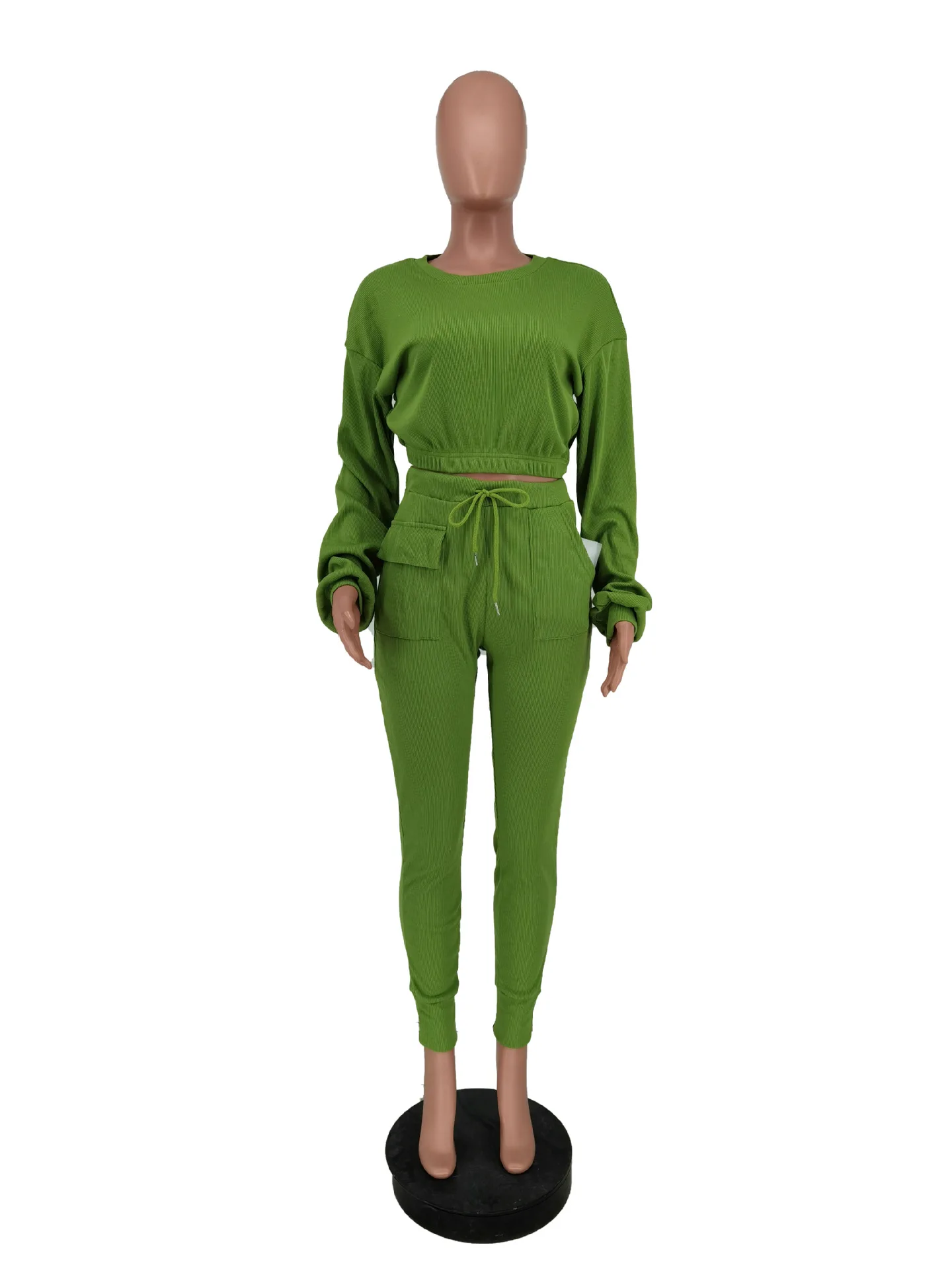 

Tops and Trouser Set Women Knit Suit Casual Knitted Sweaters Pants 2Pcs Set Pullovers Crop Top High Elastic Long Sleeve Jumpers