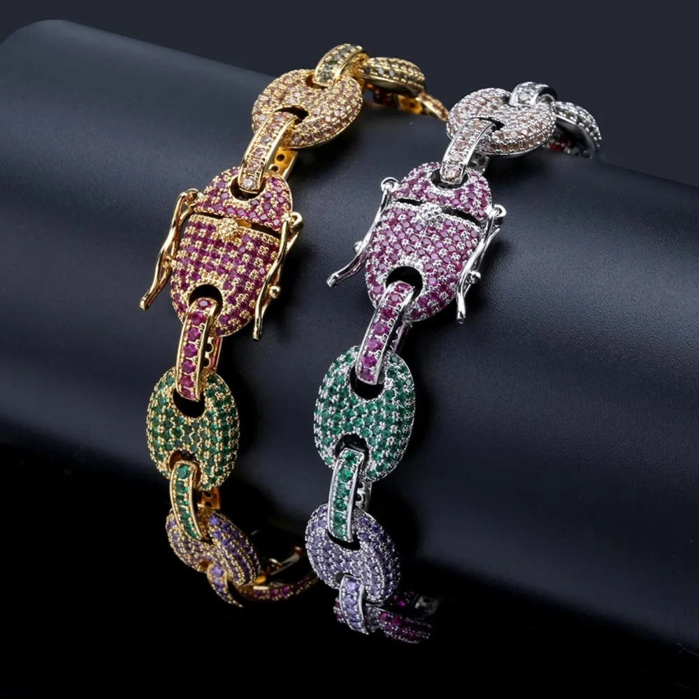 

12MM Rainbow Cuban Link Bracelet Iced Out CZ Copper Material Gold Silver Color for men women Chain Bracelet Hip hop Jewelry