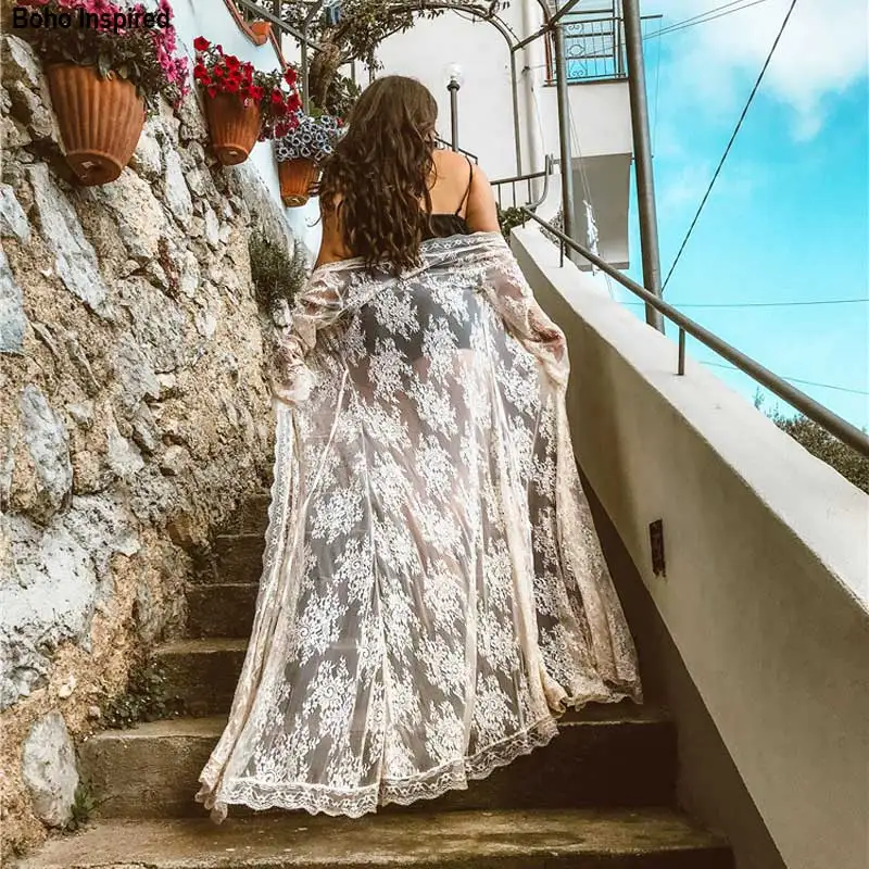 Богемный Вдохновленный Кружева Макси Туника Платье для пляжа сексуальное бикини