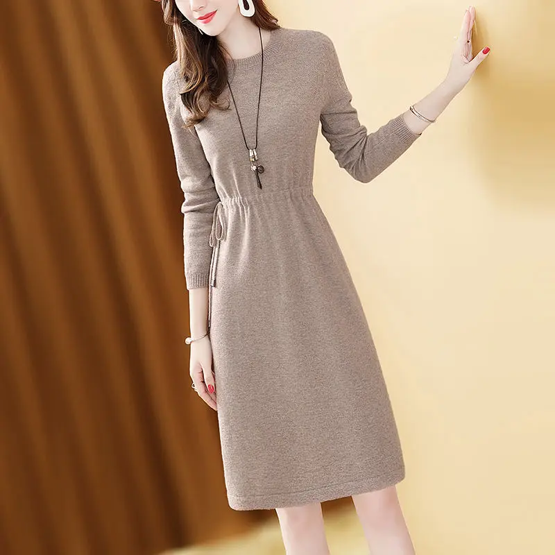 

Women's A-line pleated sweater dress Women's elegant knitting Vestido 2021 autumn and winter new O-neck slim long-sleeved dress