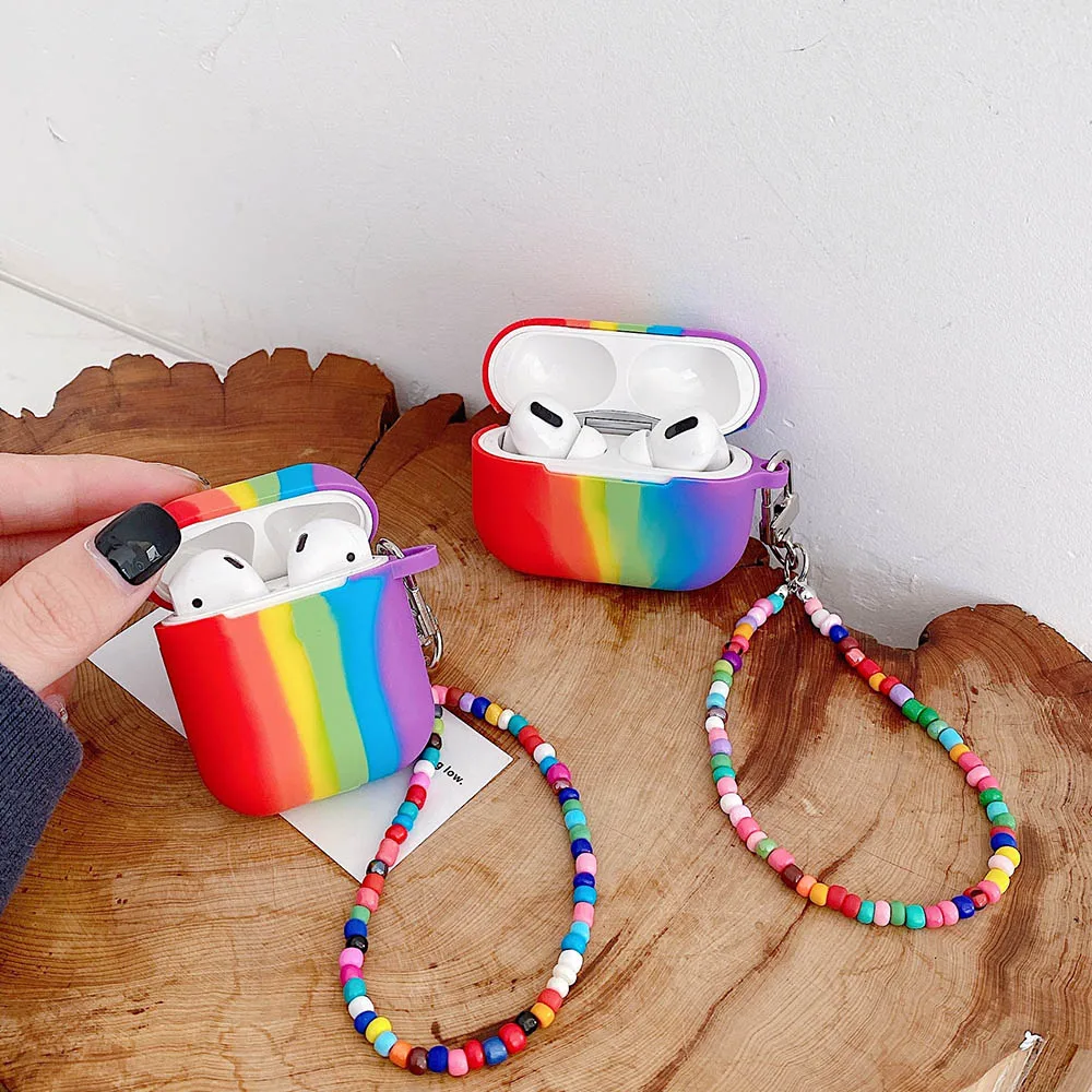 

Cute Rainbow KeyChain Bracelet Silicone Earphone Accessories Case For 1 2 Pro 3 Soft Colorful Wristband Cover