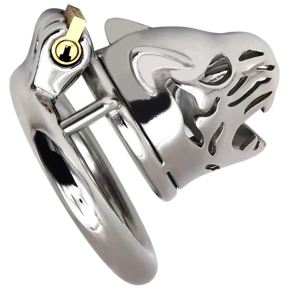 Пояс верности из нержавеющей стали с тигровой головой для мужской мастурбации
