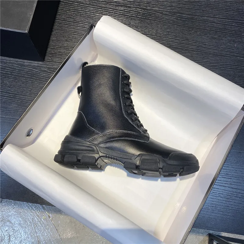 

Fashion Winter Womens Sneakers Boots Genuine Leather Round Toe Lace Up Ladies Black Shoes Thick Sole Platform Ankle Boots Femme