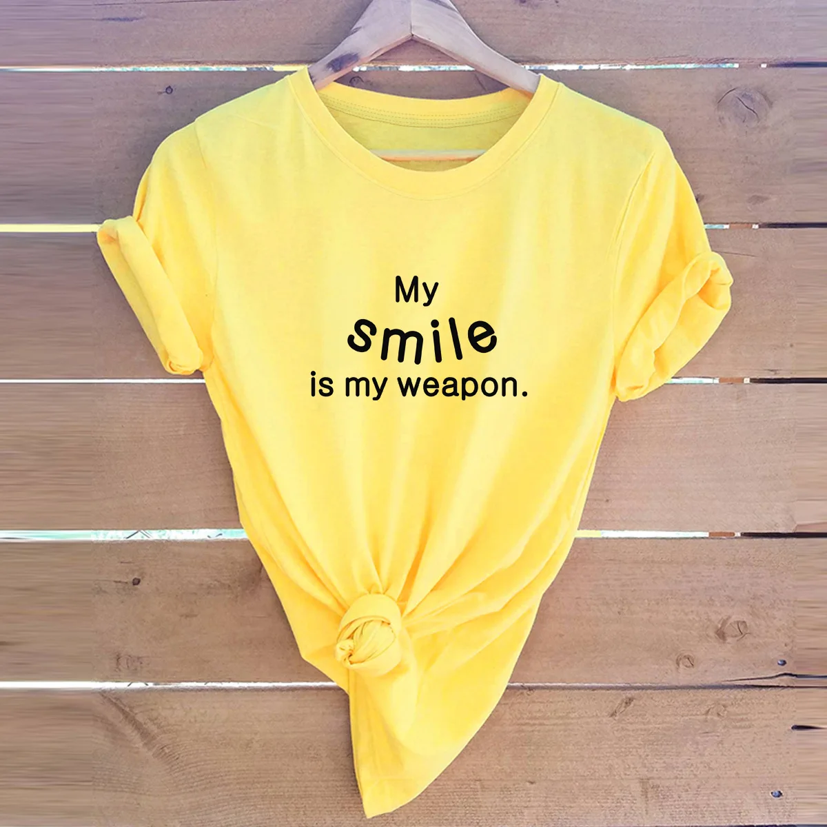 

JFUNCY Smile Is My Weapon Funny T-shirt Summer Women T Shirt Plus Size Short Sleeve Cotton Tees Woman Tops Casual Tshirts