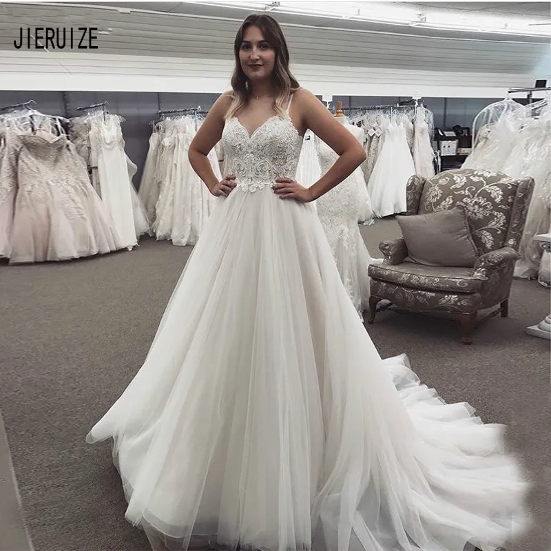 

JIERUIZE Sexy Backless Boho Bride Dresses Spaghetti Straps Lace Appliques Sleeveless Wedding Gowns Robe De Mariee