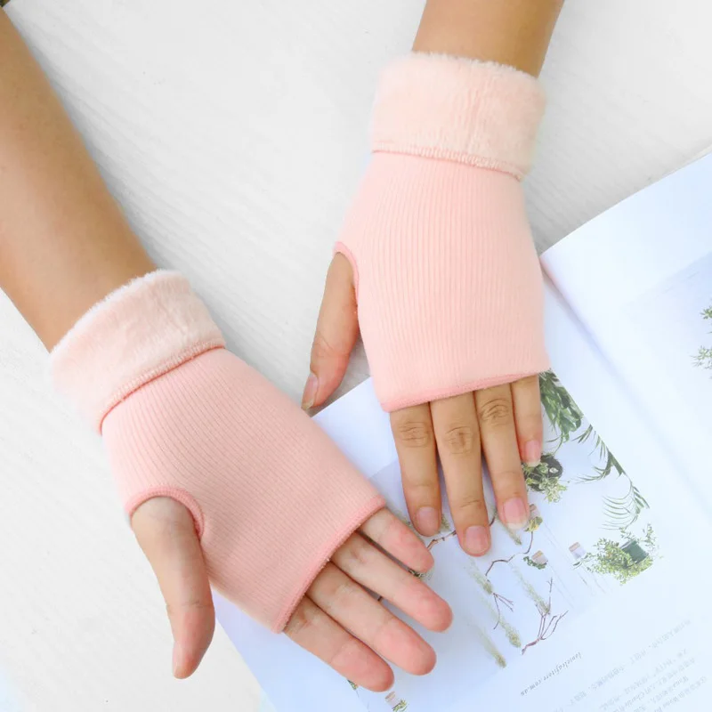 Winter Female Knit Acrylic Touch Screen Typing Mitten Autumn Women Plus Velvet Double Fingerless Writing Half Finger Glove J10 | Аксессуары