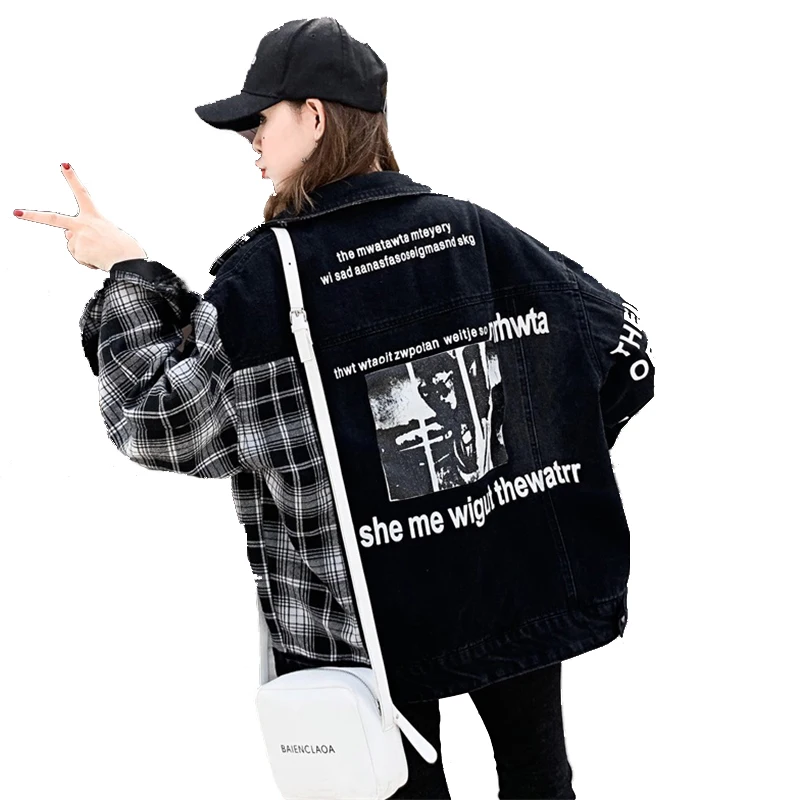 

Harajuku Bomber Jacket Streetwear Plaid Black Jeans Jacket Women Letter Printed Jacket 2021 Spring Black Loose Denim Jacket