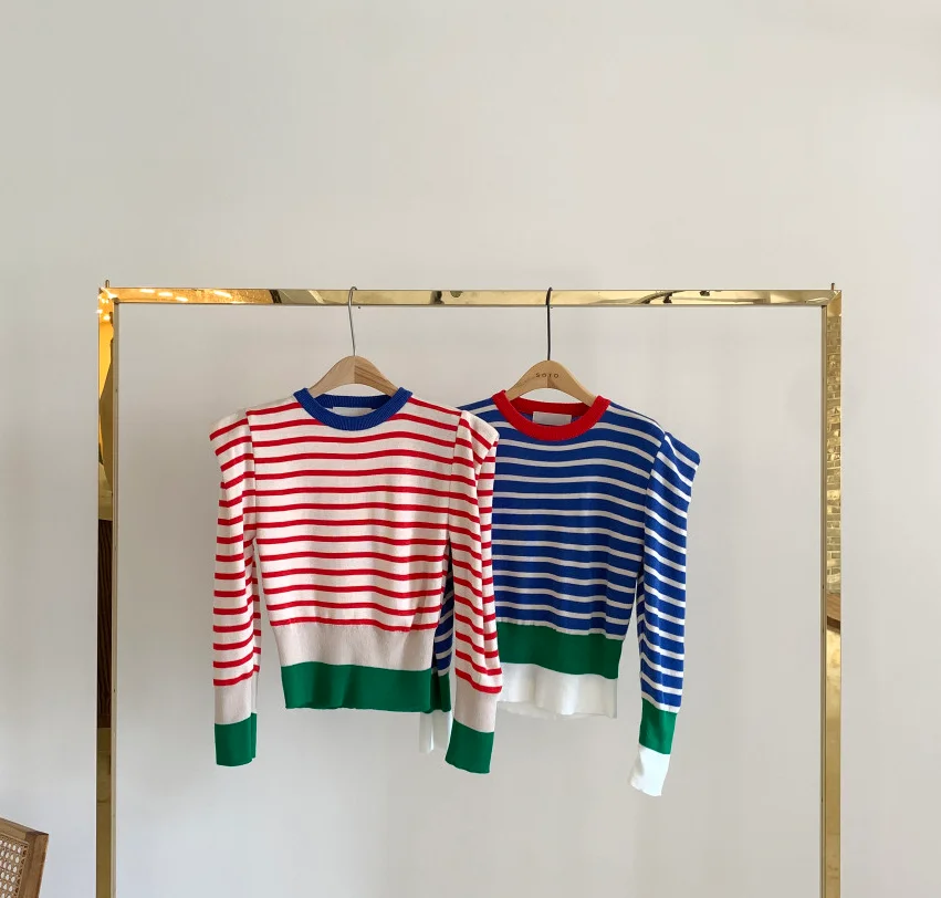 

ONALIPPA Striped Pullover Korea Ins Autumn Foreign Style O Neck Loose High Waist Short Color Contrast Striped Sweater Knitted